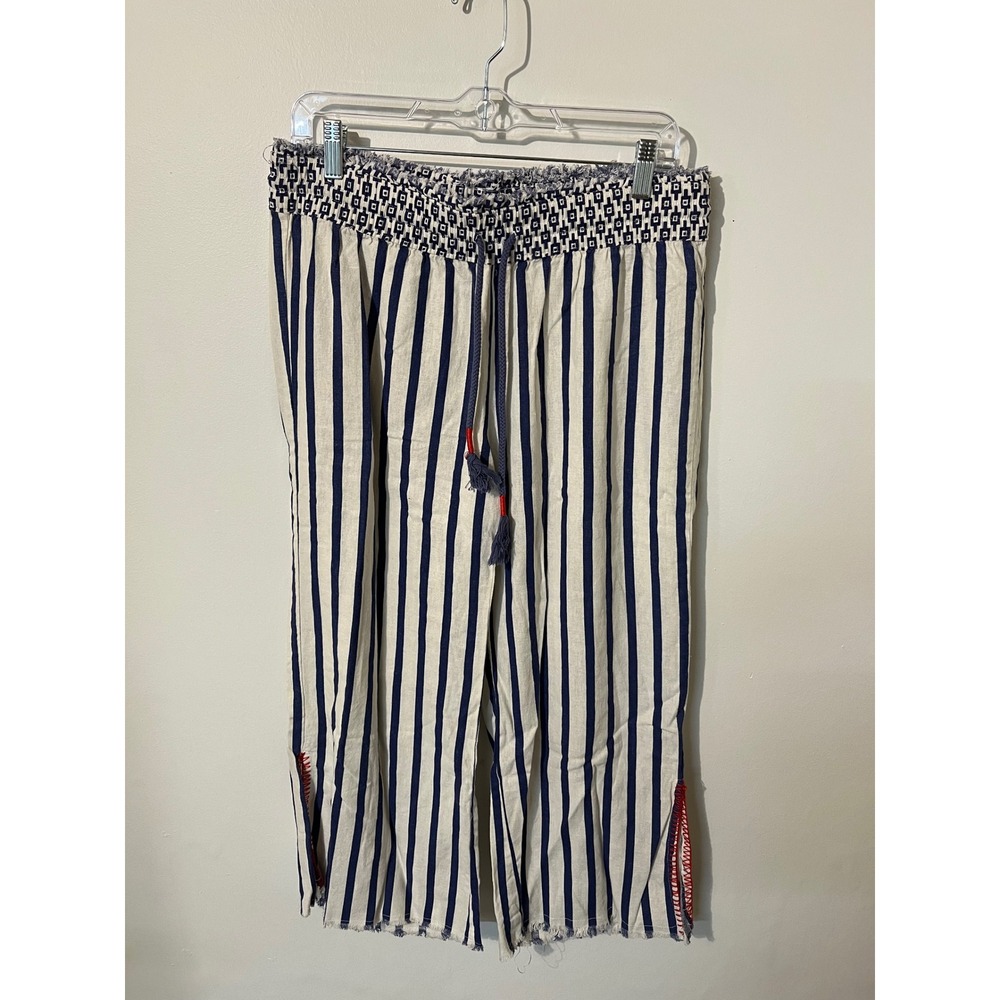 Indigo Rein Womens Blue White Striped Wide Leg Cropped Pants Red Stitching L